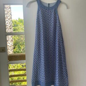 Pink Martini Sleeveless Shift Dress in a Blue Modern, Geometric Print, Small